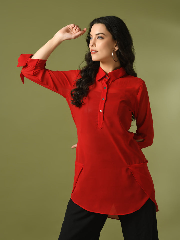 Women's  Red Solid Georgette Longline Party Sheer Tunic  - Myshka