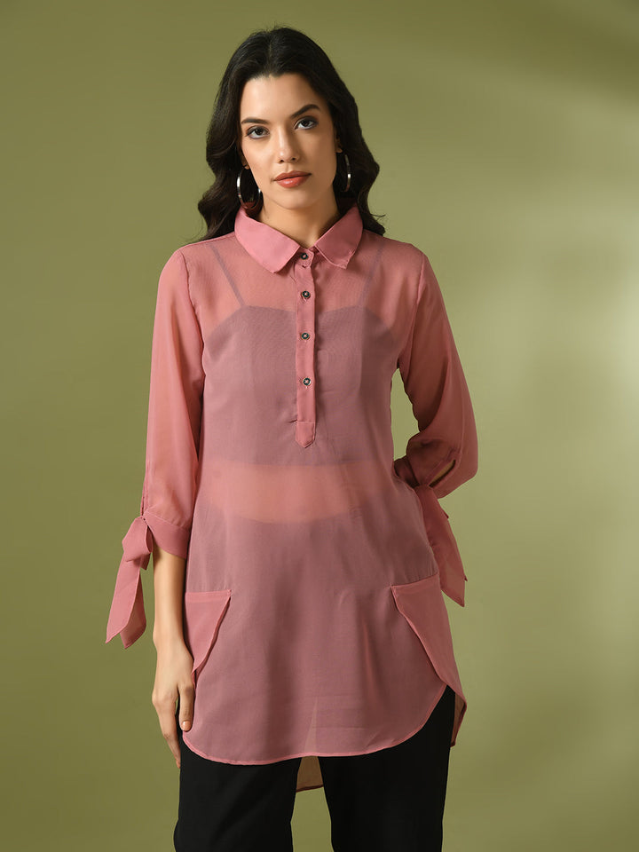 Women's  Pink Solid Georgette Longline Party Sheer Tunic  - Myshka
