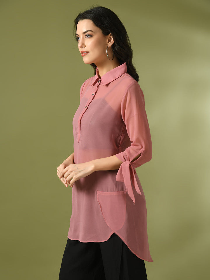 Women's  Pink Solid Georgette Longline Party Sheer Tunic  - Myshka