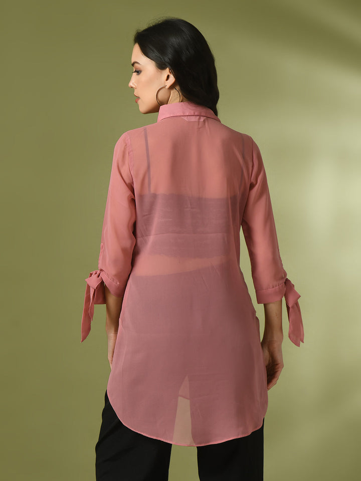 Women's  Pink Solid Georgette Longline Party Sheer Tunic  - Myshka