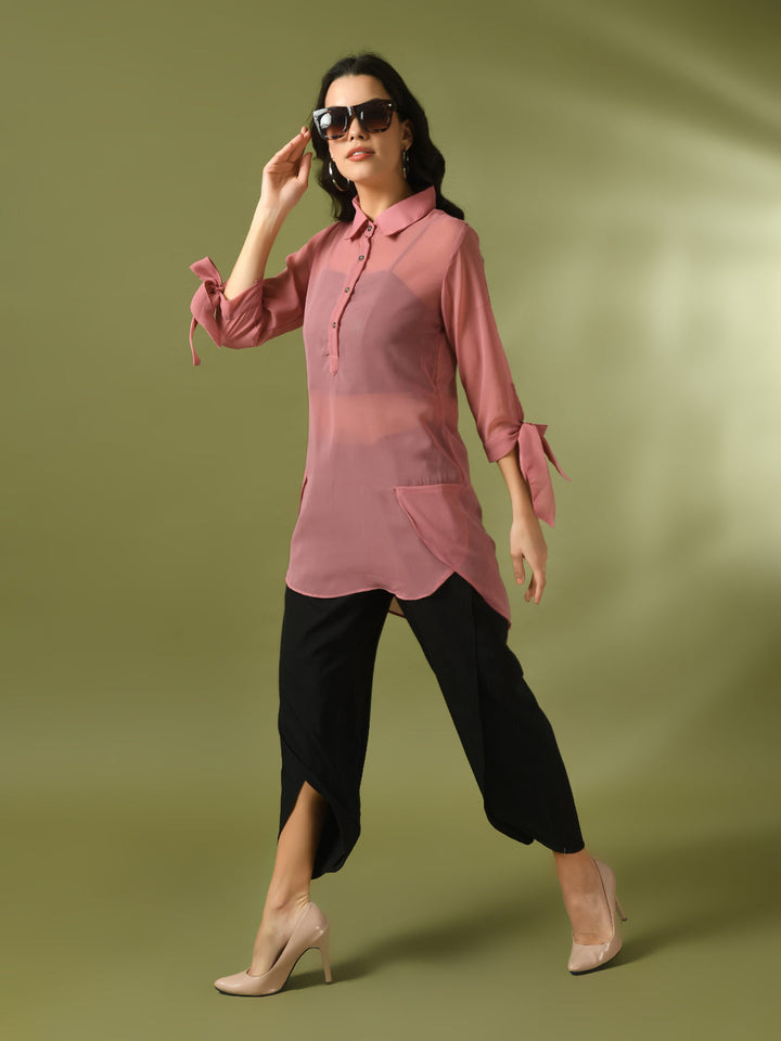 Women's  Pink Solid Georgette Longline Party Sheer Tunic  - Myshka