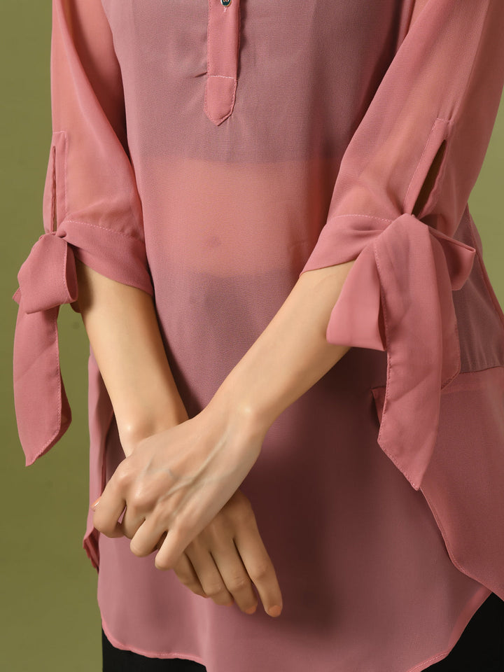 Women's  Pink Solid Georgette Longline Party Sheer Tunic  - Myshka