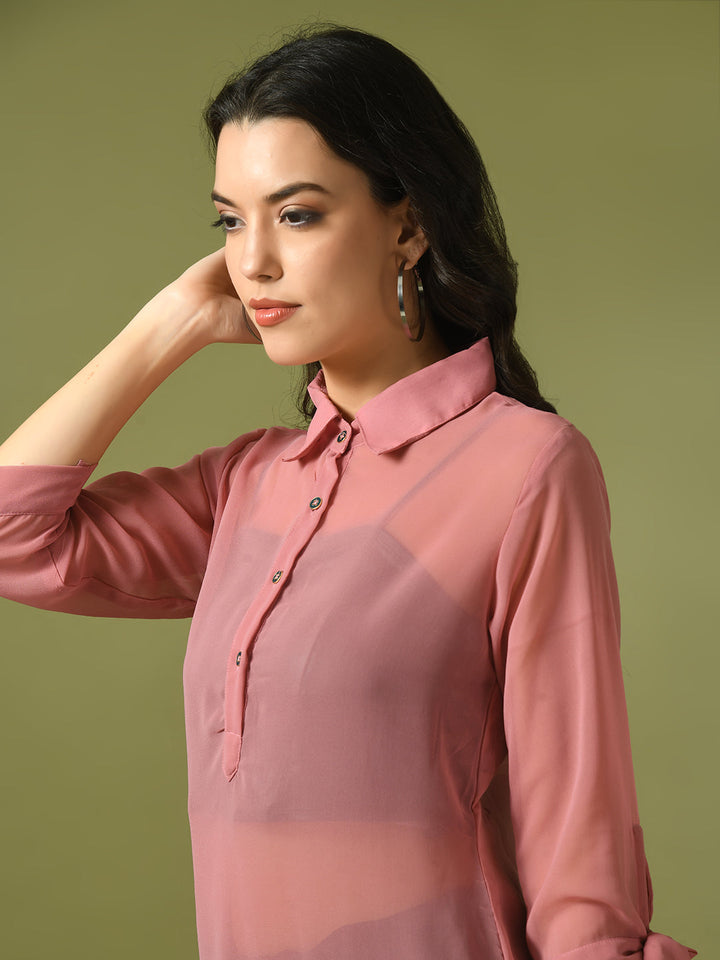 Women's  Pink Solid Georgette Longline Party Sheer Tunic  - Myshka