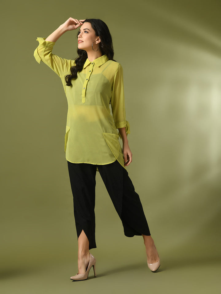 Women's  Yellow Solid Georgette Longline Party Sheer Tunic  - Myshka