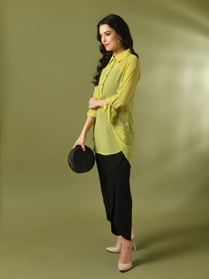 Women's  Yellow Solid Georgette Longline Party Sheer Tunic  - Myshka