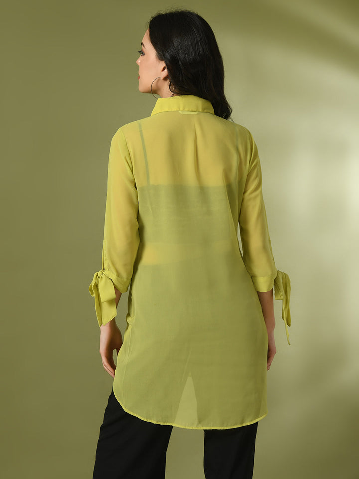 Women's  Yellow Solid Georgette Longline Party Sheer Tunic  - Myshka