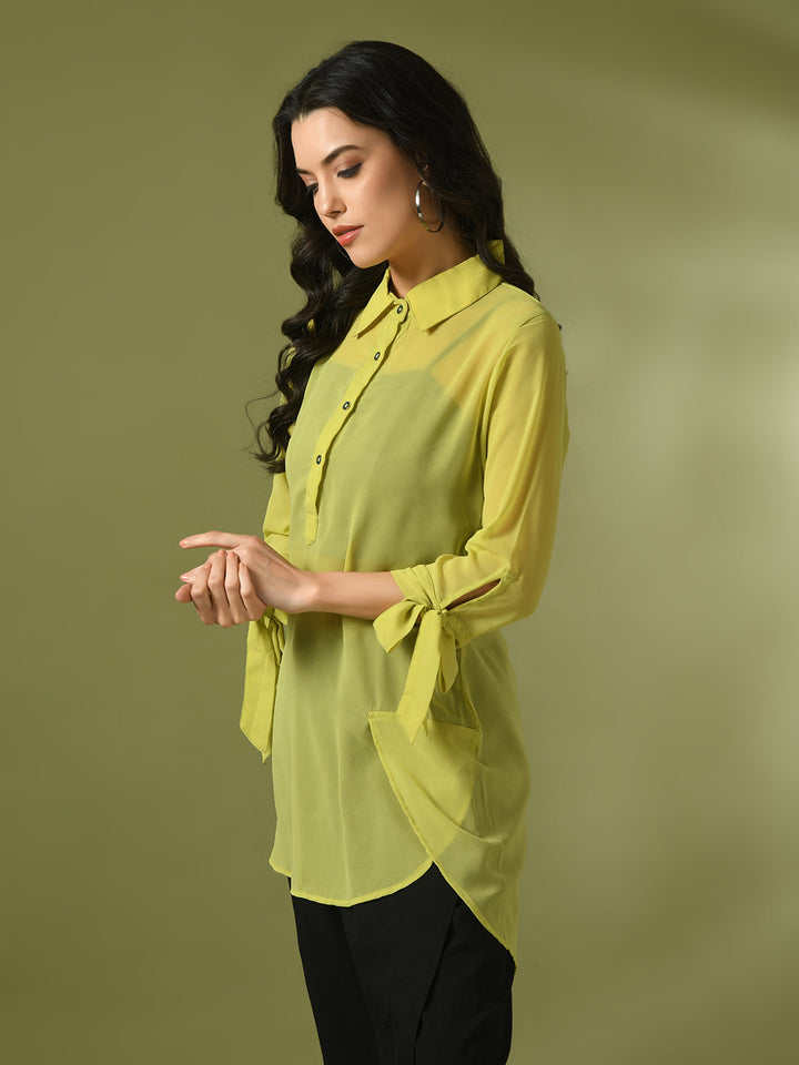 Women's  Yellow Solid Georgette Longline Party Sheer Tunic  - Myshka