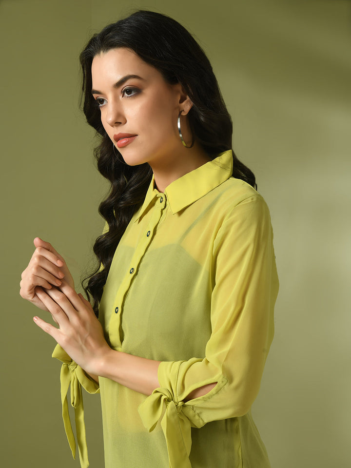 Women's  Yellow Solid Georgette Longline Party Sheer Tunic  - Myshka