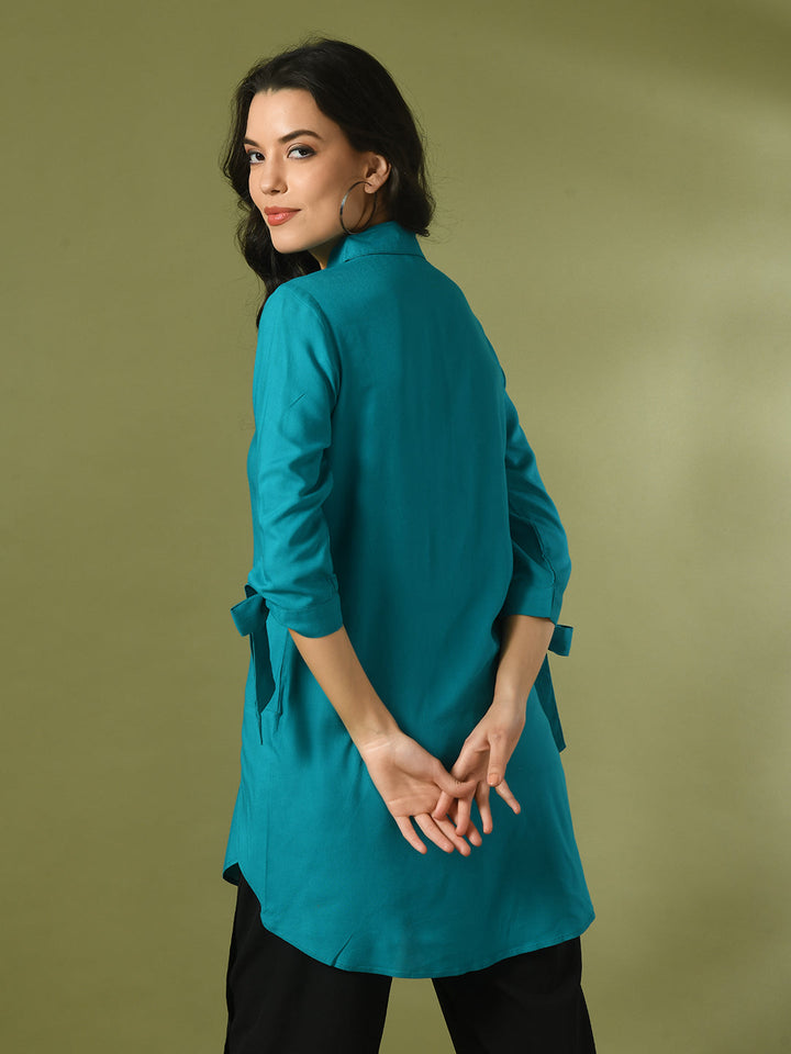 Women's  Turquoise Blue Solid Cotton Longline Party Sheer Tunic  - Myshka
