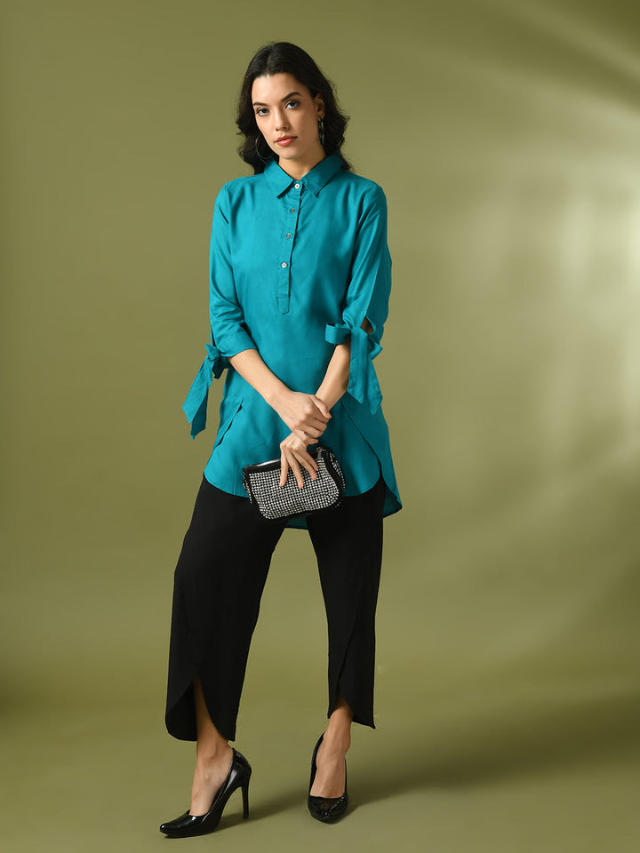 Women's  Turquoise Blue Solid Cotton Longline Party Sheer Tunic  - Myshka