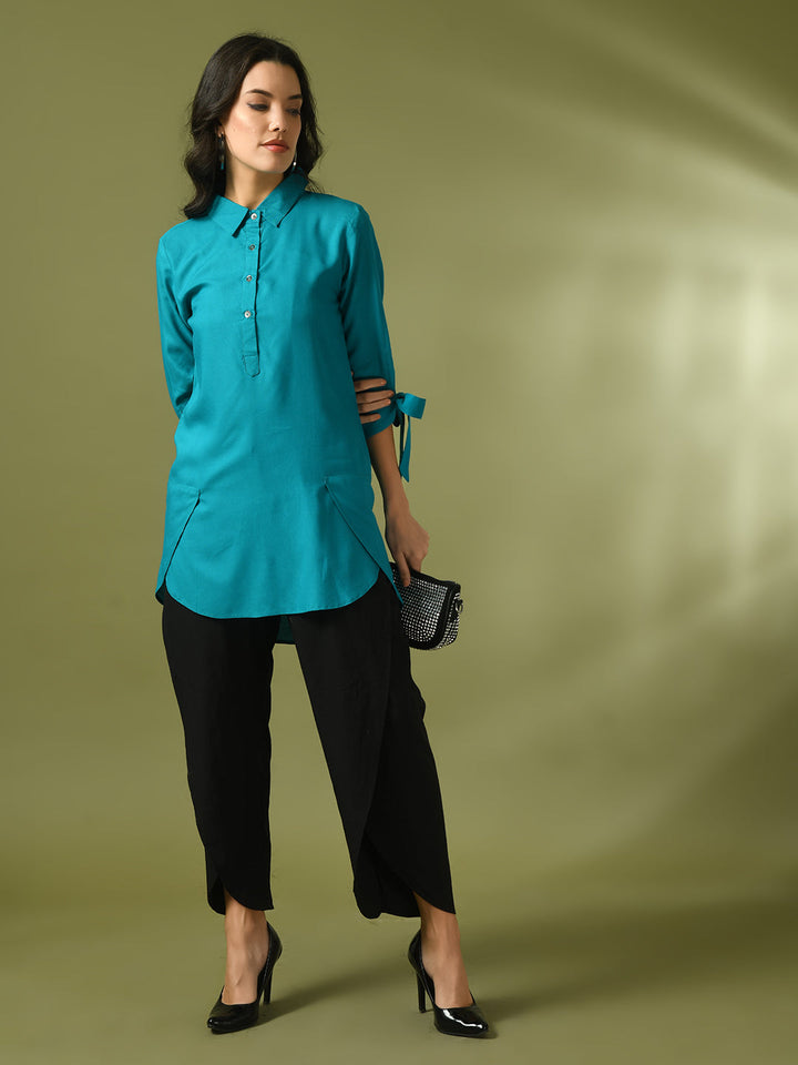 Women's  Turquoise Blue Solid Cotton Longline Party Sheer Tunic  - Myshka