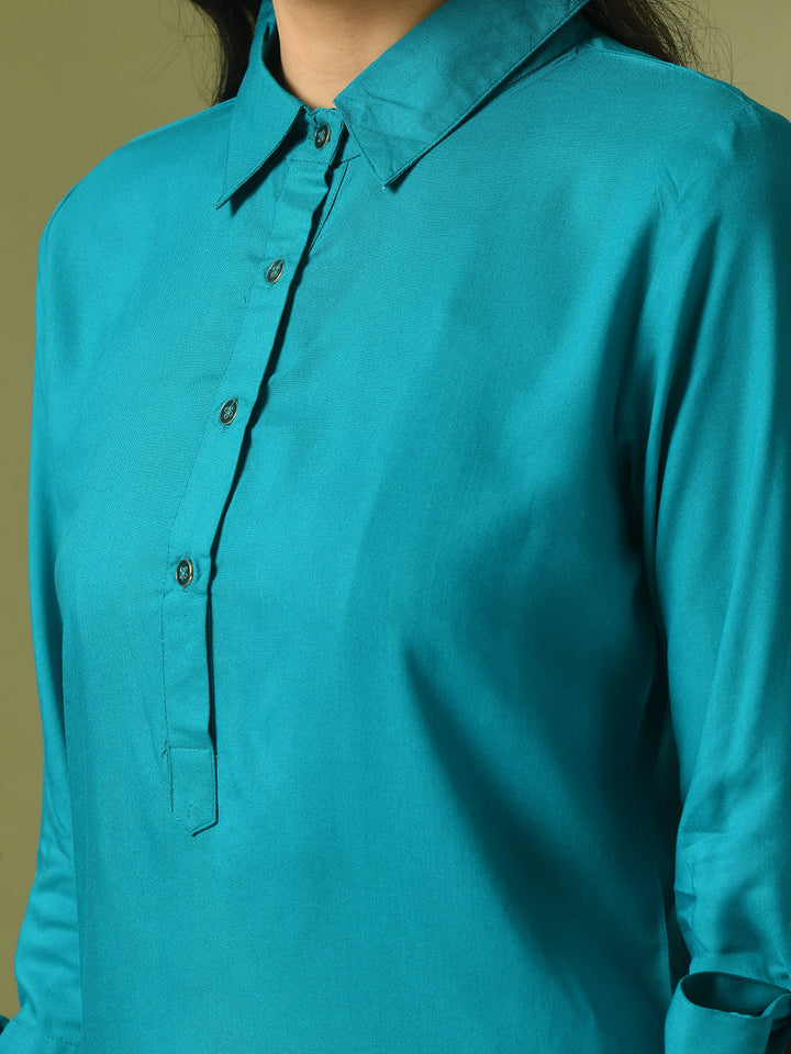 Women's  Turquoise Blue Solid Cotton Longline Party Sheer Tunic  - Myshka
