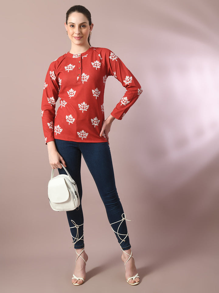 Women's  Rust Embellished Raglan Sleeve Party Top  - Myshka
