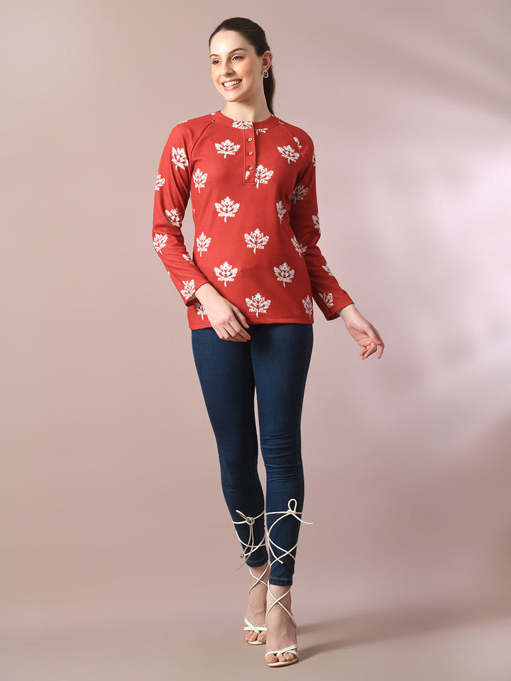 Women's  Rust Embellished Raglan Sleeve Party Top  - Myshka