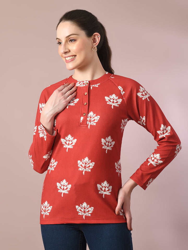 Women's  Rust Embellished Raglan Sleeve Party Top  - Myshka