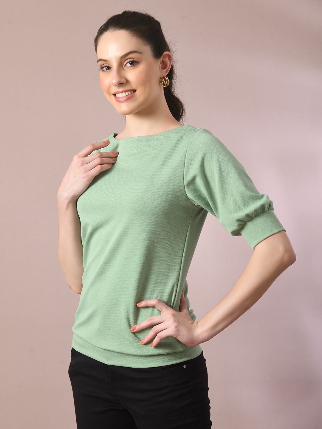 Women's  Sea Green Solid Boat Neck Party Top  - Myshka