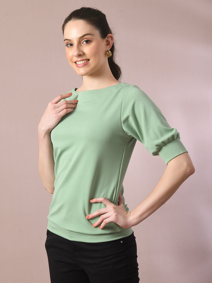 Women's  Sea Green Solid Boat Neck Party Top  - Myshka