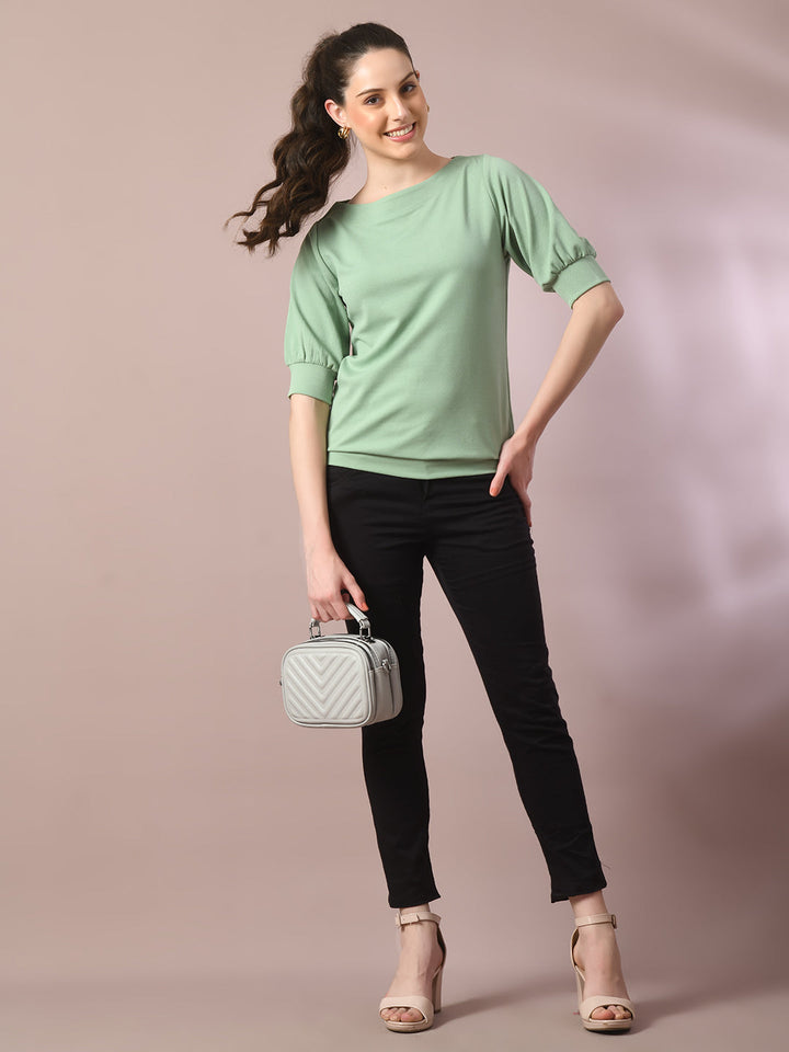 Women's  Sea Green Solid Boat Neck Party Top  - Myshka
