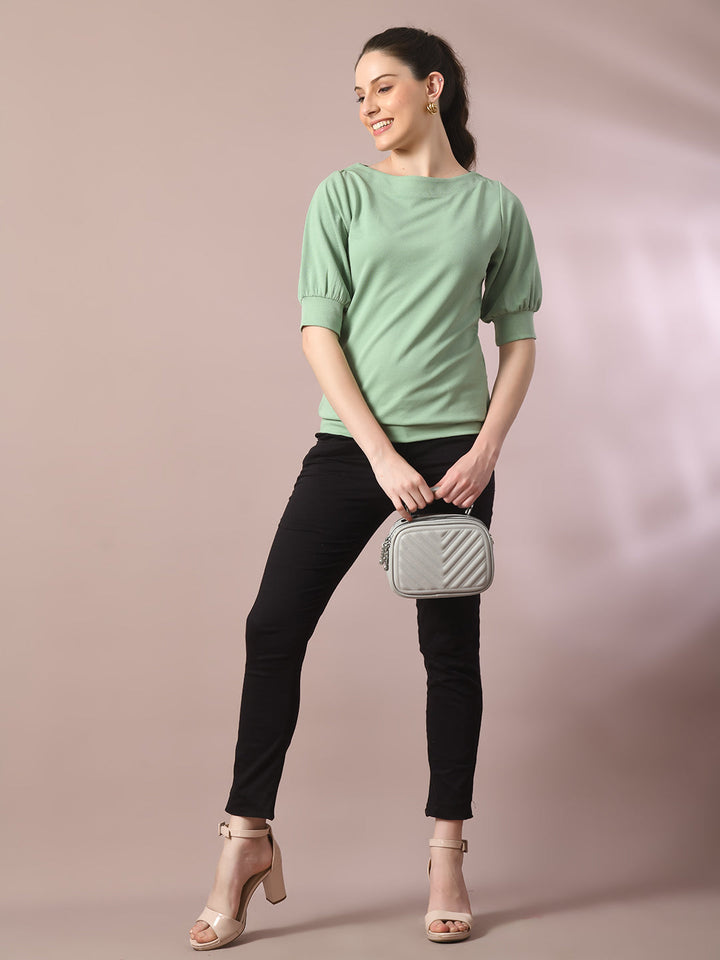 Women's  Sea Green Solid Boat Neck Party Top  - Myshka