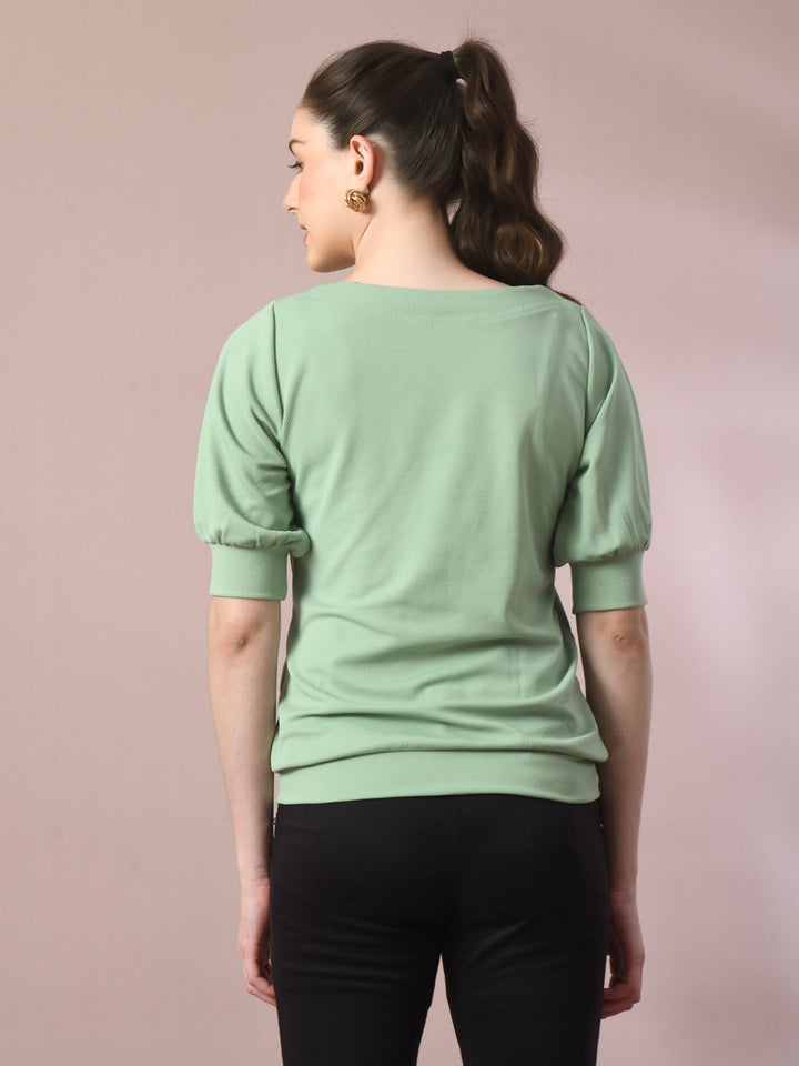 Women's  Sea Green Solid Boat Neck Party Top  - Myshka
