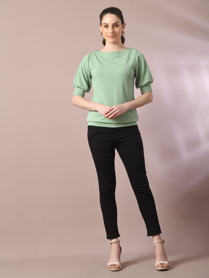 Women's  Sea Green Solid Boat Neck Party Top  - Myshka