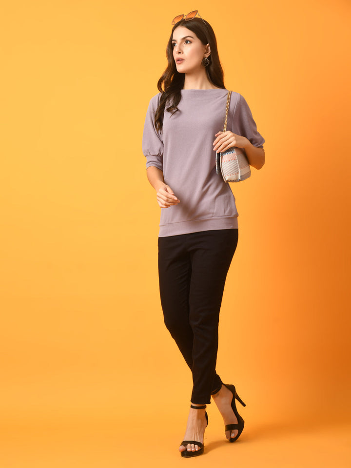 Women's  Lavender Solid Boat Neck Party Top  - Myshka