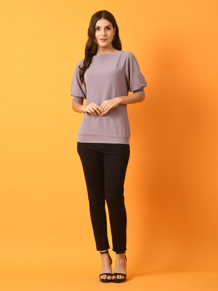 Women's  Lavender Solid Boat Neck Party Top  - Myshka