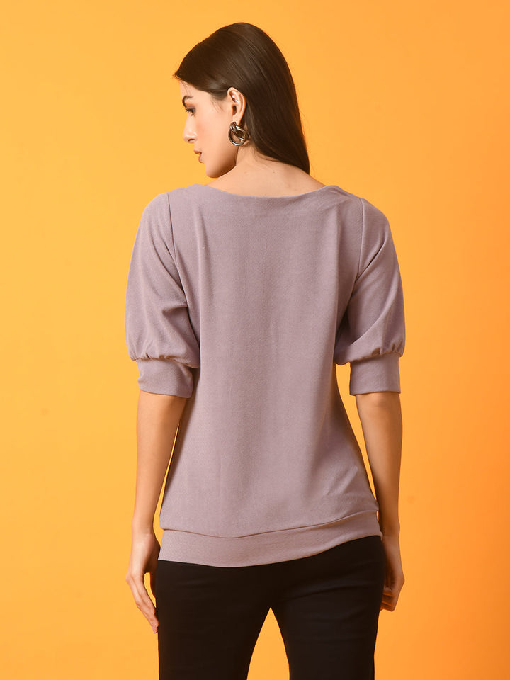 Women's  Lavender Solid Boat Neck Party Top  - Myshka