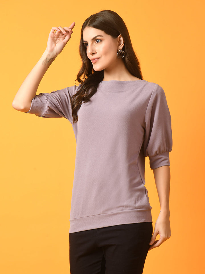 Women's  Lavender Solid Boat Neck Party Top  - Myshka