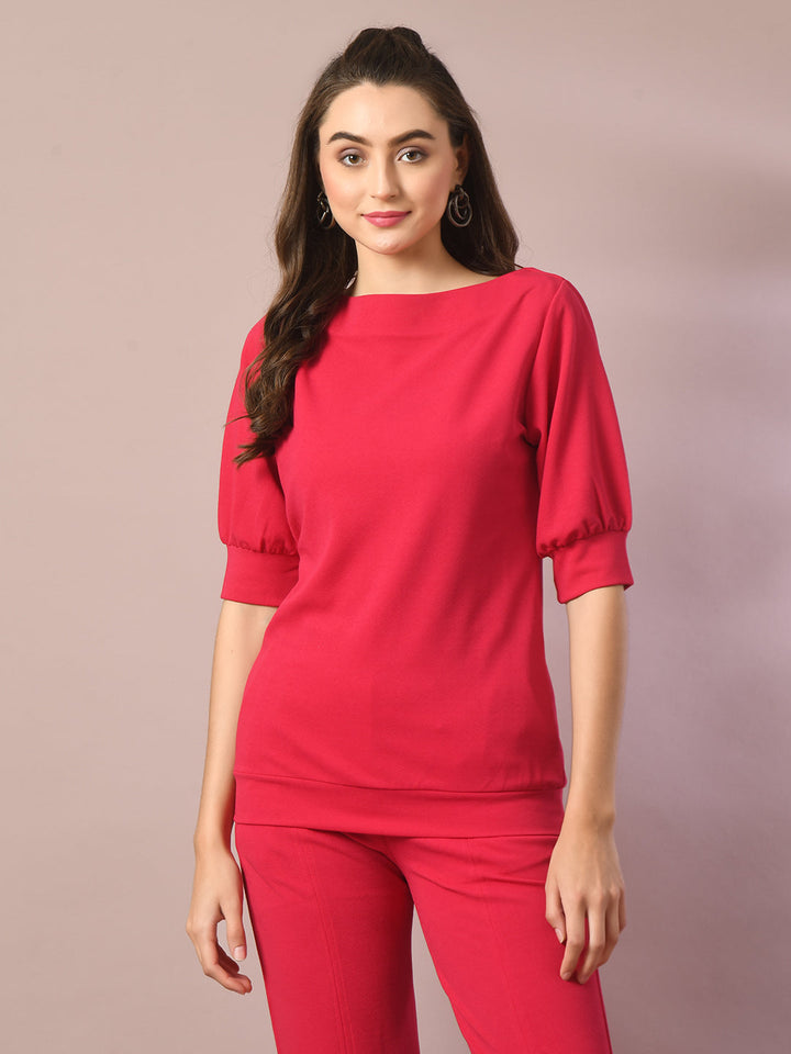 Women's  Pink Solid Boat Neck Party Top  - Myshka