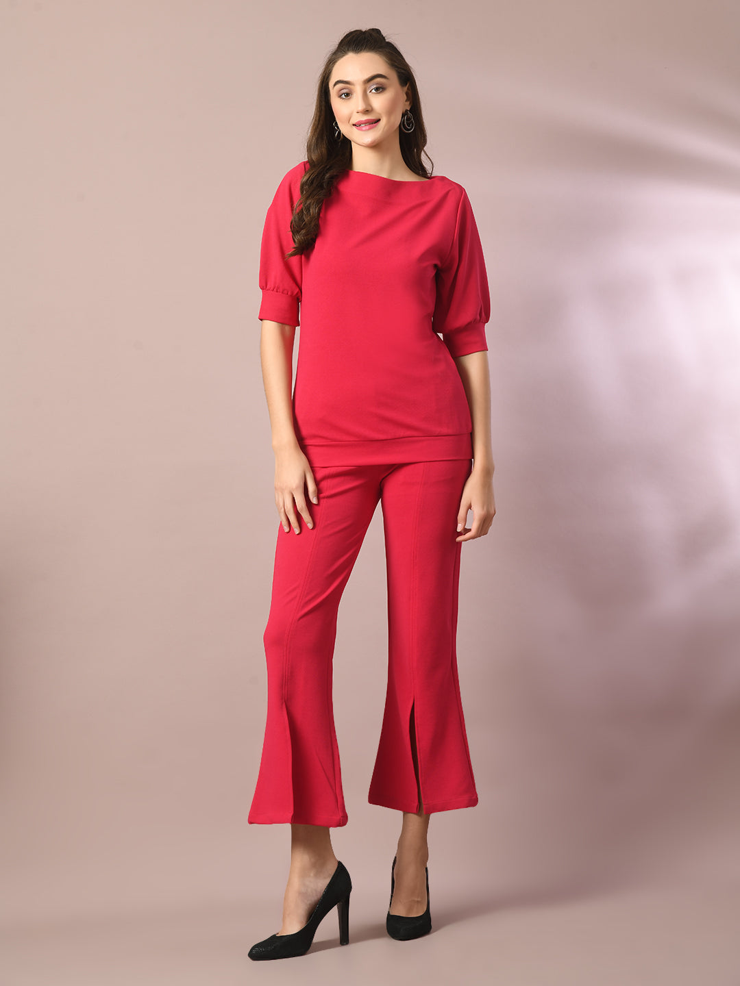 Women's  Pink Solid Boat Neck Party Top  - Myshka