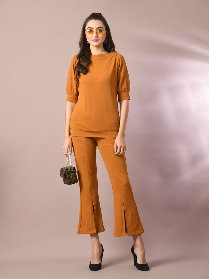 Women's  Mustard Solid Boat Neck Party Top  - Myshka