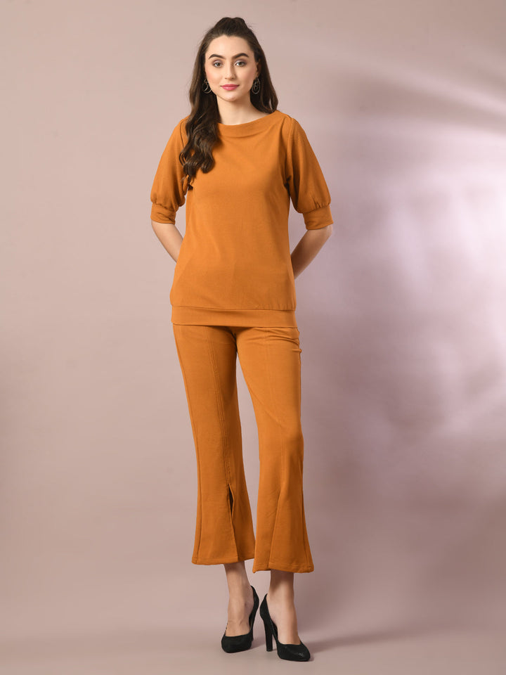 Women's  Mustard Solid Boat Neck Party Top  - Myshka