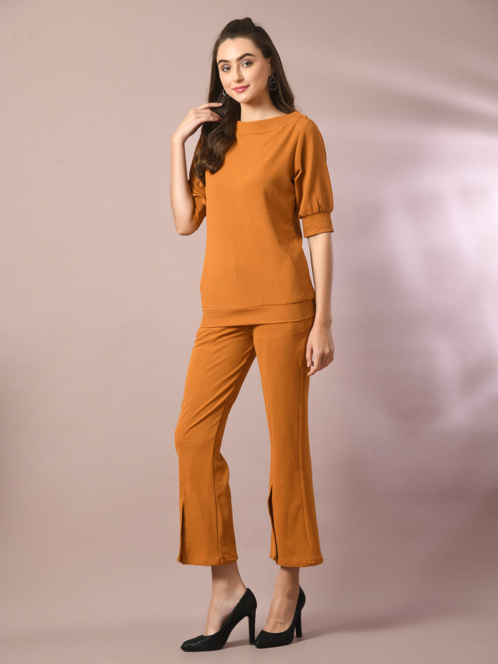 Women's  Mustard Solid Boat Neck Party Top  - Myshka