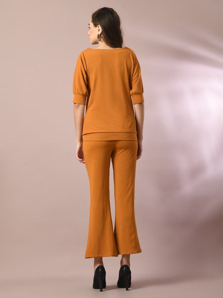 Women's  Mustard Solid Boat Neck Party Top  - Myshka