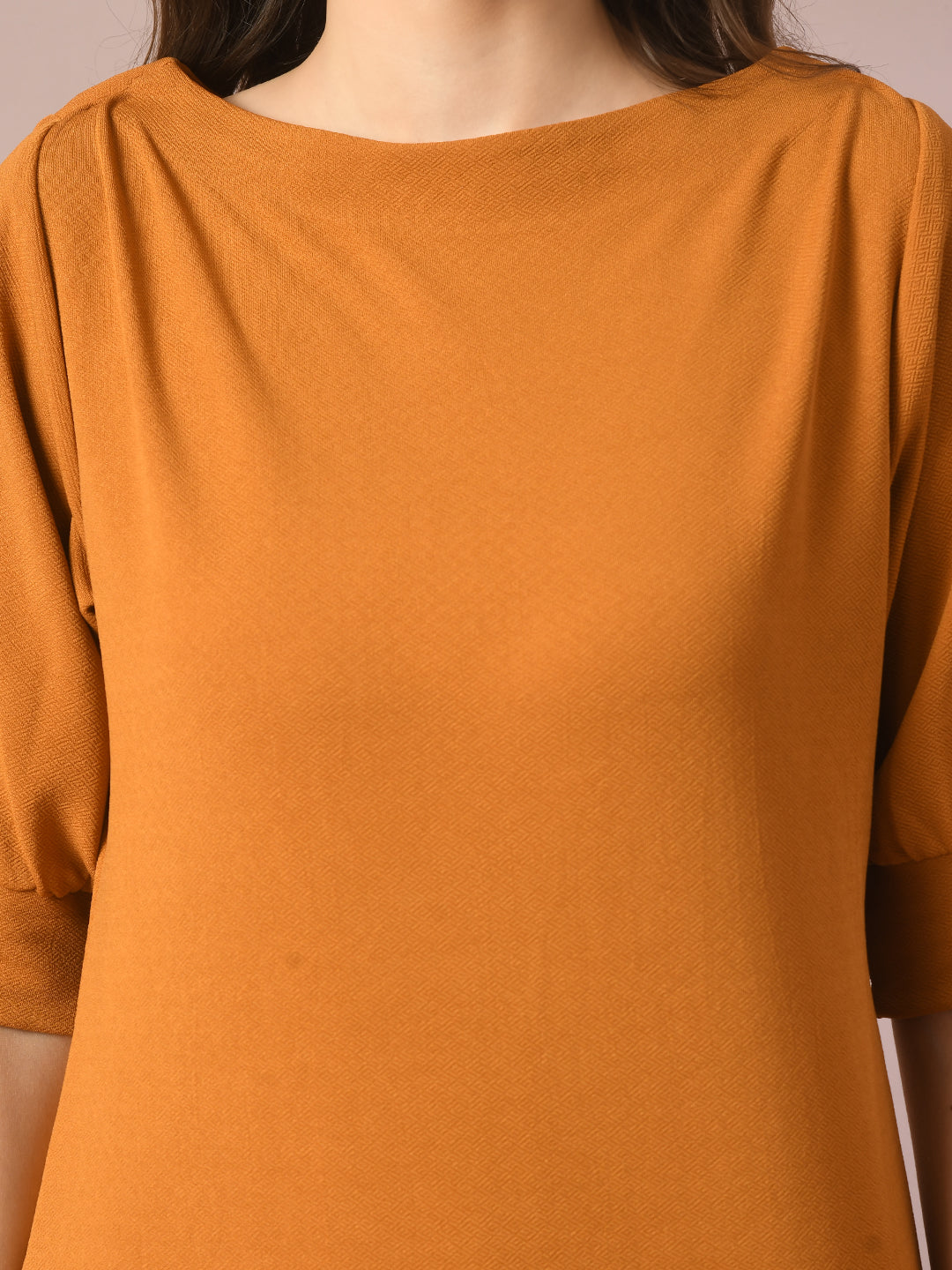 Women's  Mustard Solid Boat Neck Party Top  - Myshka