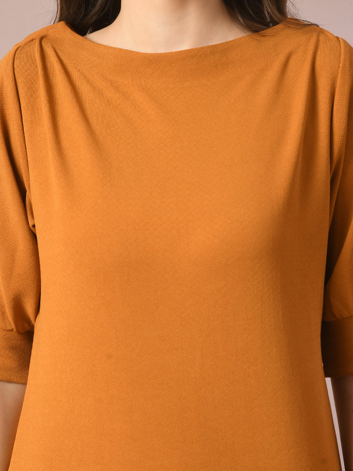 Women's  Mustard Solid Boat Neck Party Top  - Myshka