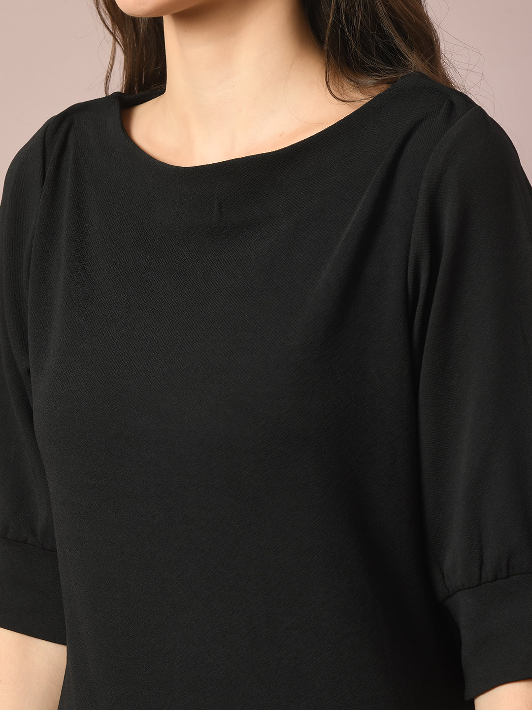 Women's  Black Solid Boat Neck Party Top  - Myshka