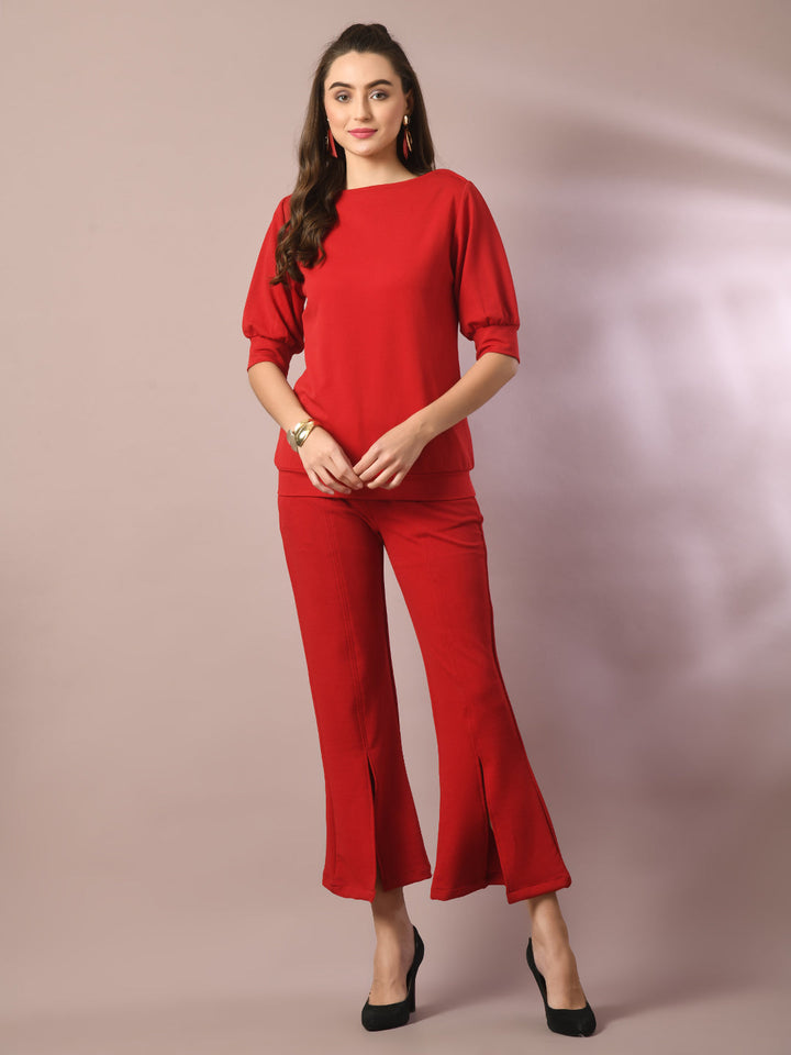 Women's  Red Solid Boat Neck Party Top  - Myshka