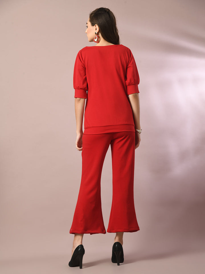 Women's  Red Solid Boat Neck Party Top  - Myshka