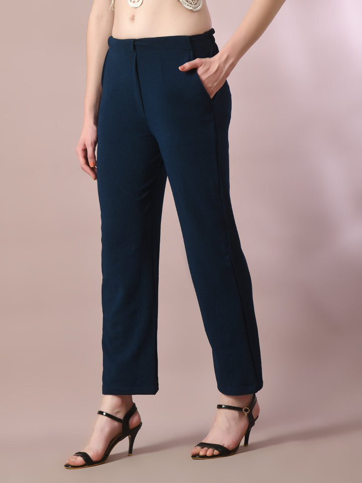 Women's Navy Blue Solid Party Straight Trousers - Myshka