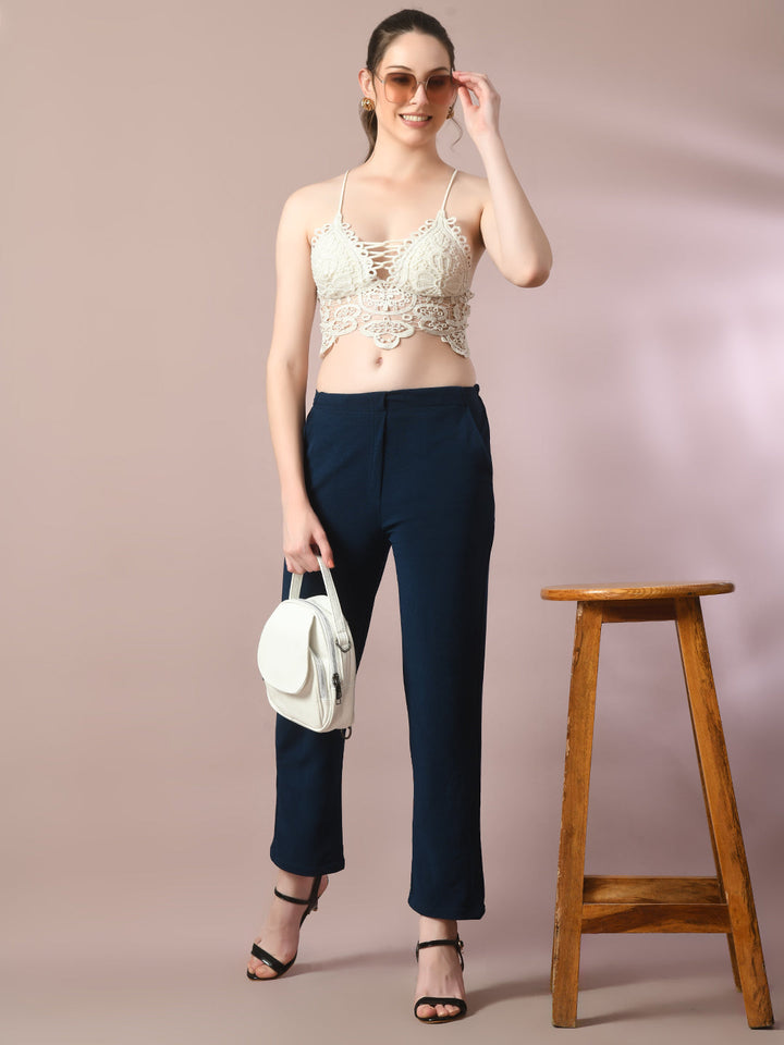 Women's Navy Blue Solid Party Straight Trousers - Myshka