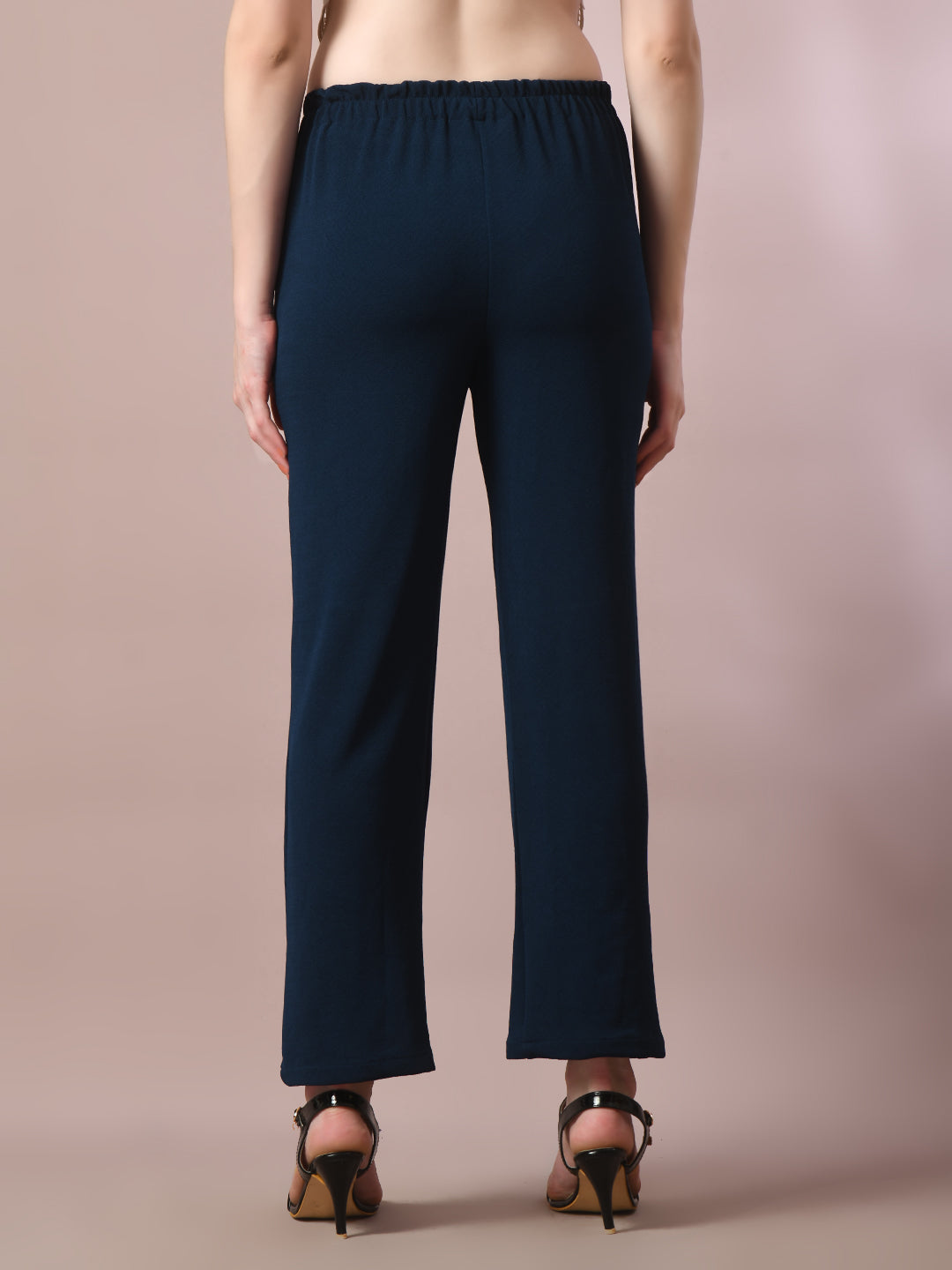 Women's Navy Blue Solid Party Straight Trousers - Myshka