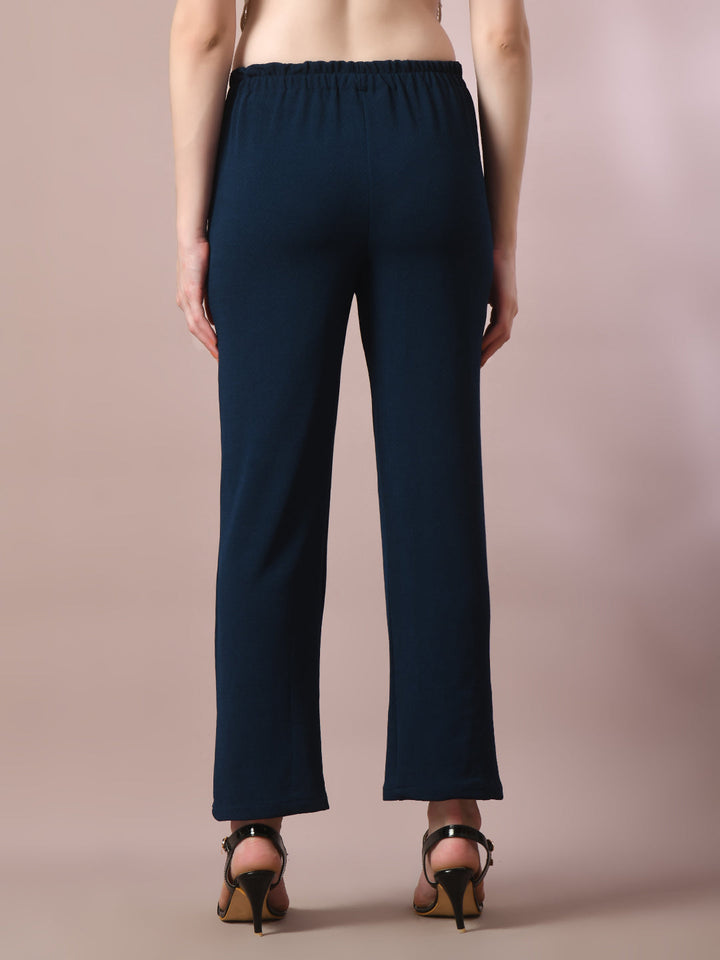 Women's Navy Blue Solid Party Straight Trousers - Myshka