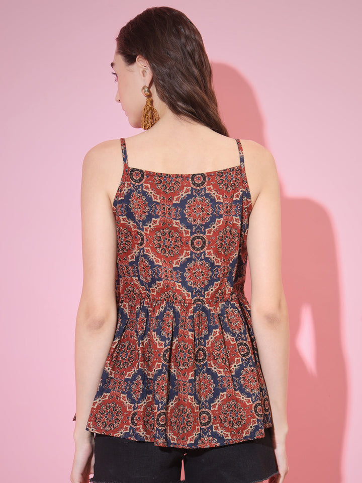 Women's Rust Printed Sweetheart Neck Top Myshka