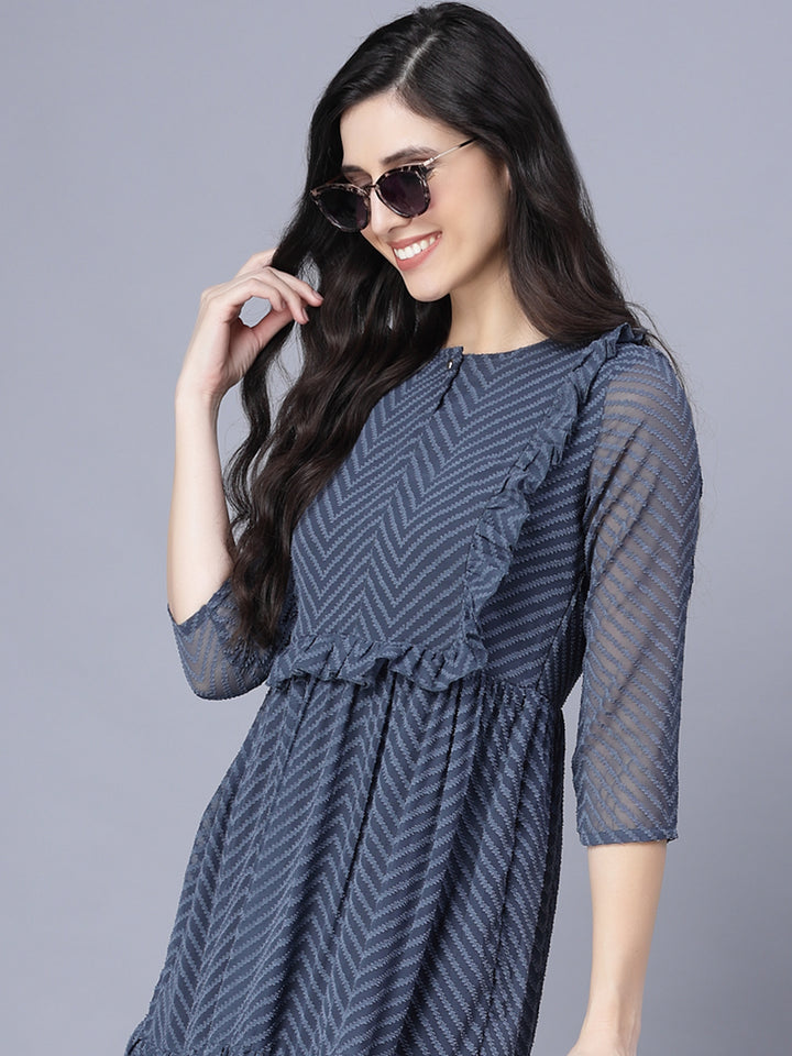 Myshka Georgette Solid 3/4 Sleeve Round Dark Grey Women Dress