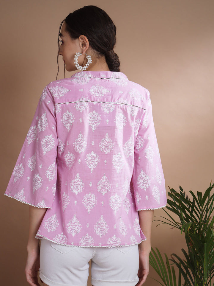 Women's Pink Printed V-Neck Top Myshka