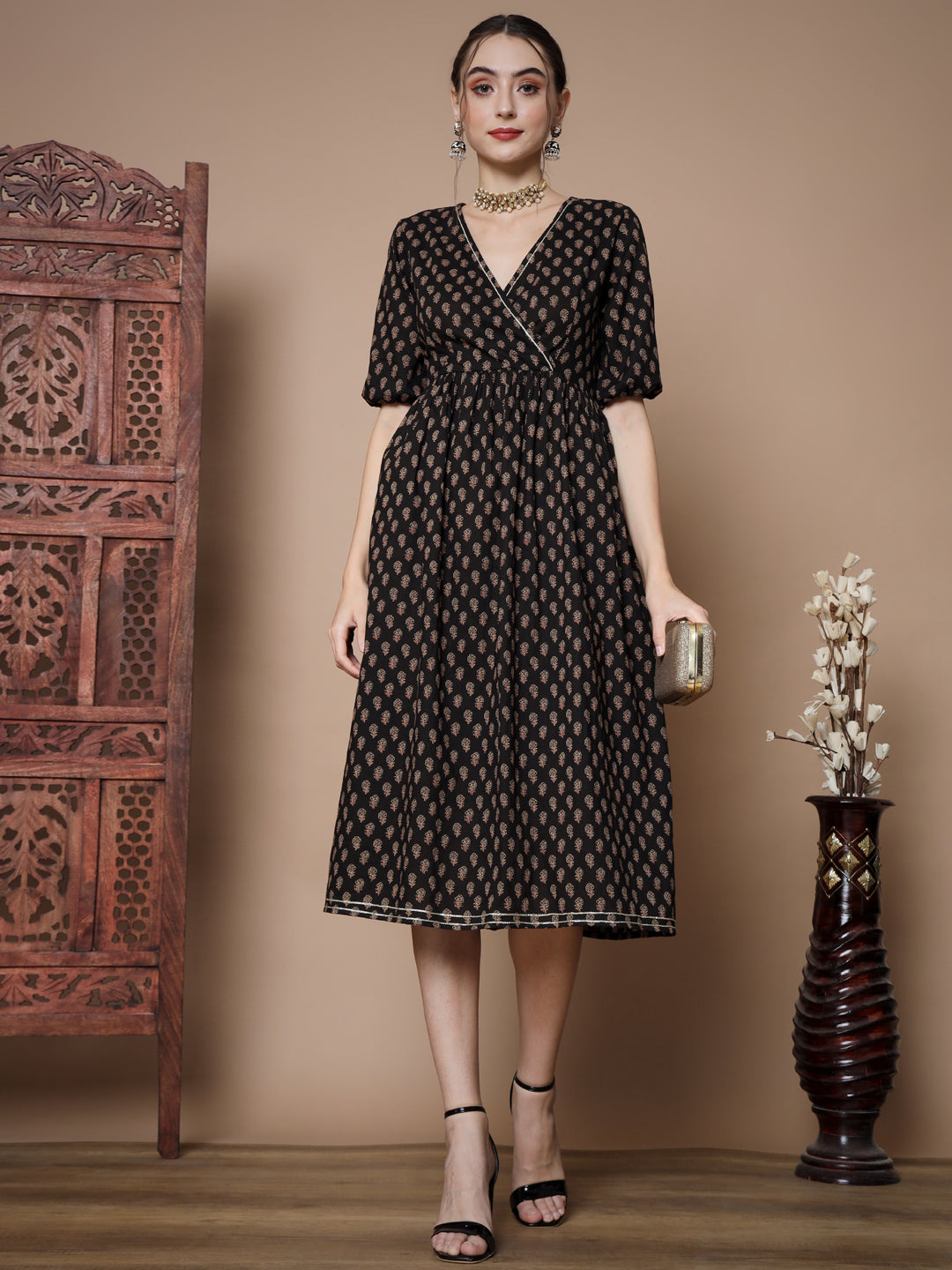 Women's Black Floral Printed Empire Dress Myshka