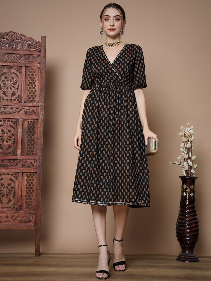 Women's Black Floral Printed Empire Dress Myshka