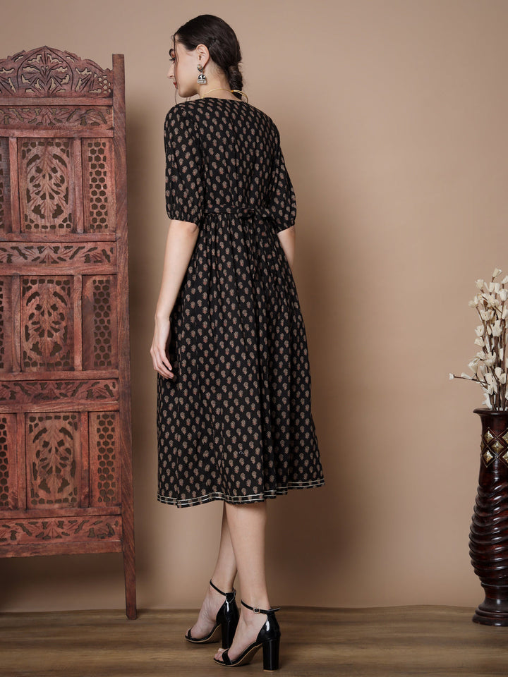 Women's Black Floral Printed Empire Dress Myshka